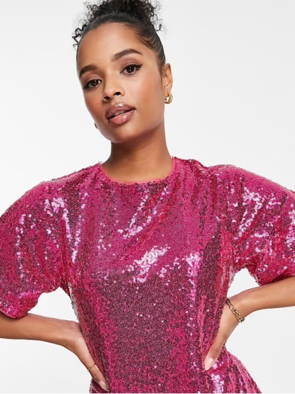 Women’s Hot Pink Sequin Short-Sleeve Blouse